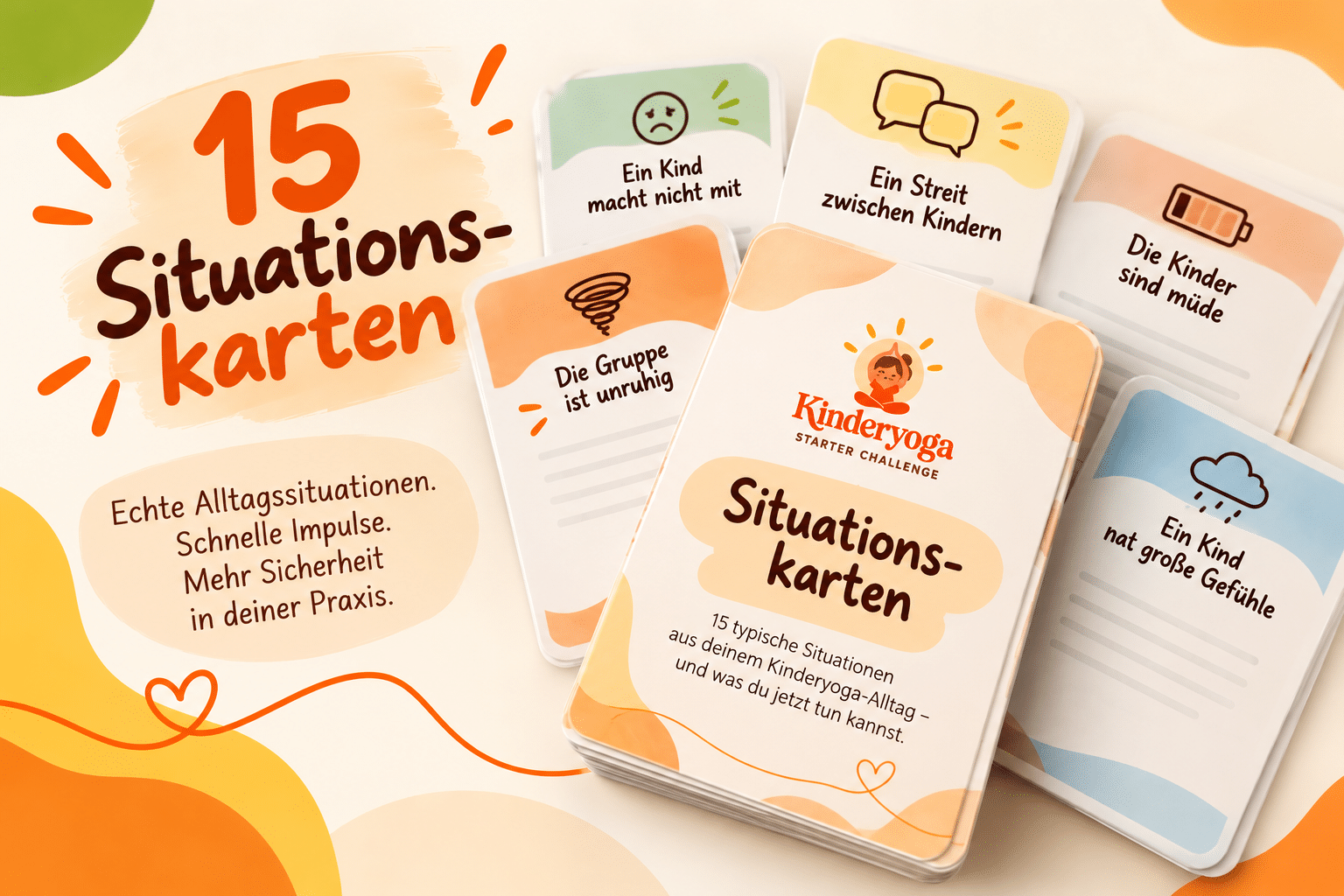 15 Situationskarten des Kiyo-Kompass ausgebreitet, mit Kartenrückseite "Situationskarten" der Kinderyoga Starter Challenge