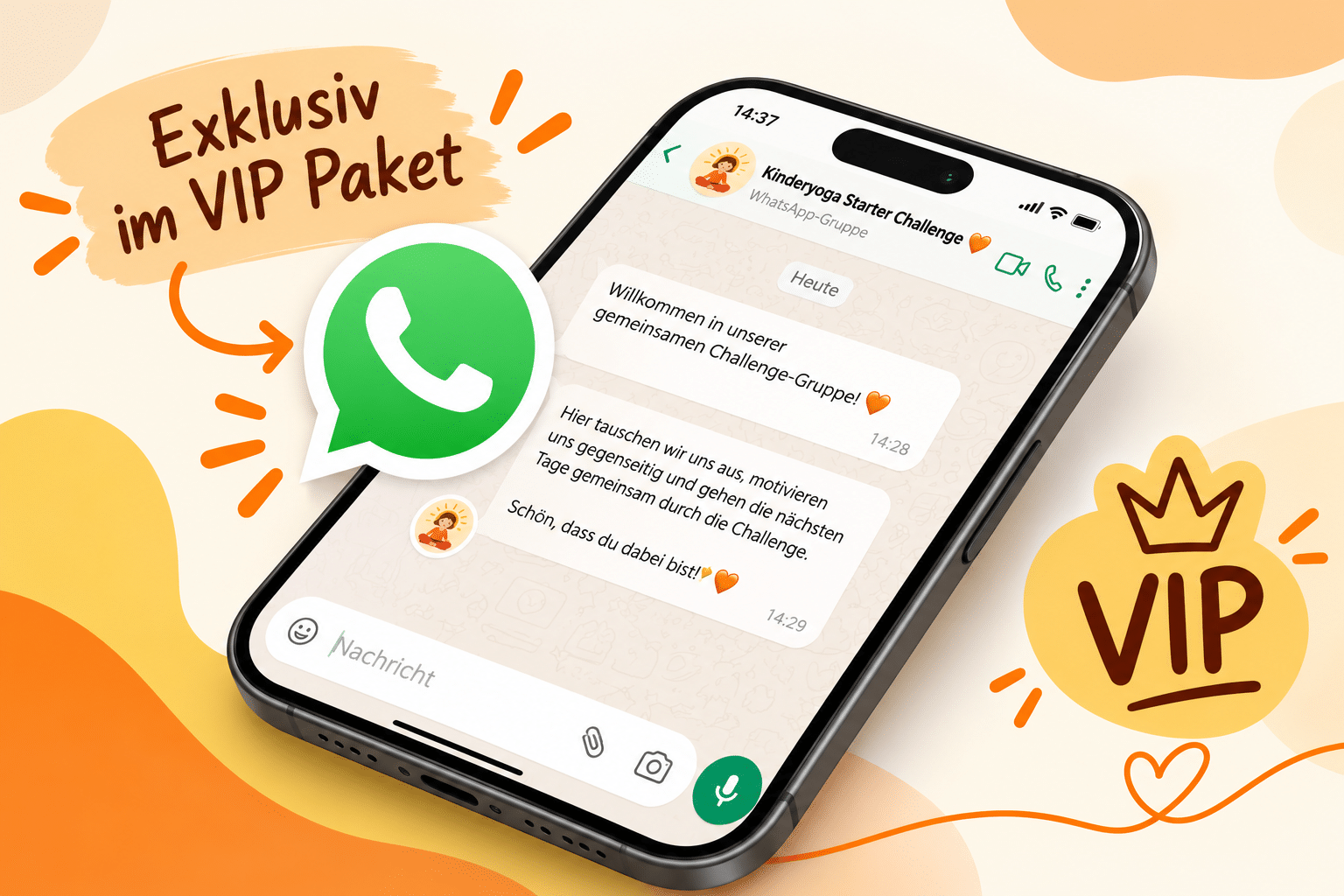VIP-WhatsApp-Gruppe der Kinderyoga Starter Challenge – Chatverlauf mit Willkommensnachricht