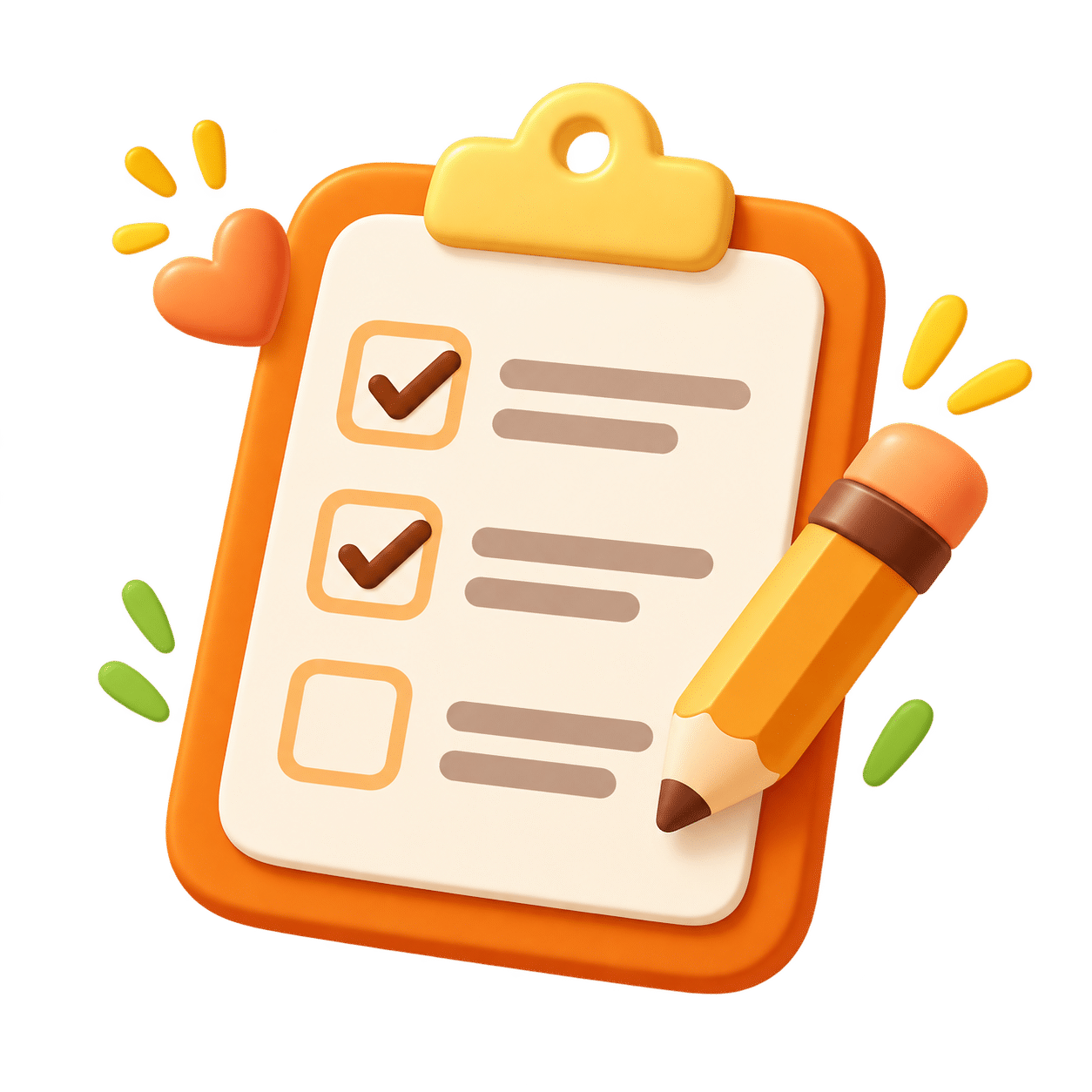 Orangefarbenes Klemmbrett mit Checkliste und Bleistift