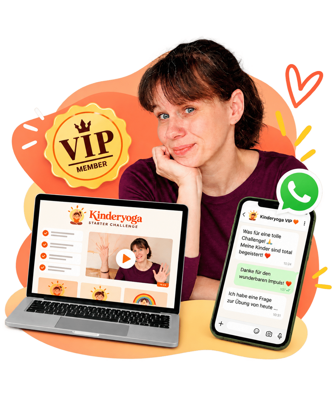Ulrike mit Laptop und Handy: VIP Member der Kinderyoga Starter Challenge mit WhatsApp-Gruppe