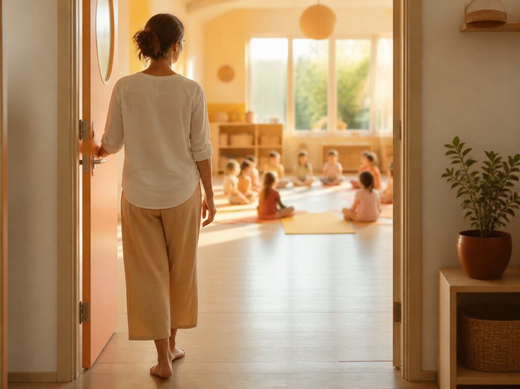 Eine Frau geht durch eine offene Tür in einen sonnigen Raum, in dem Kinder im Kreis sitzen